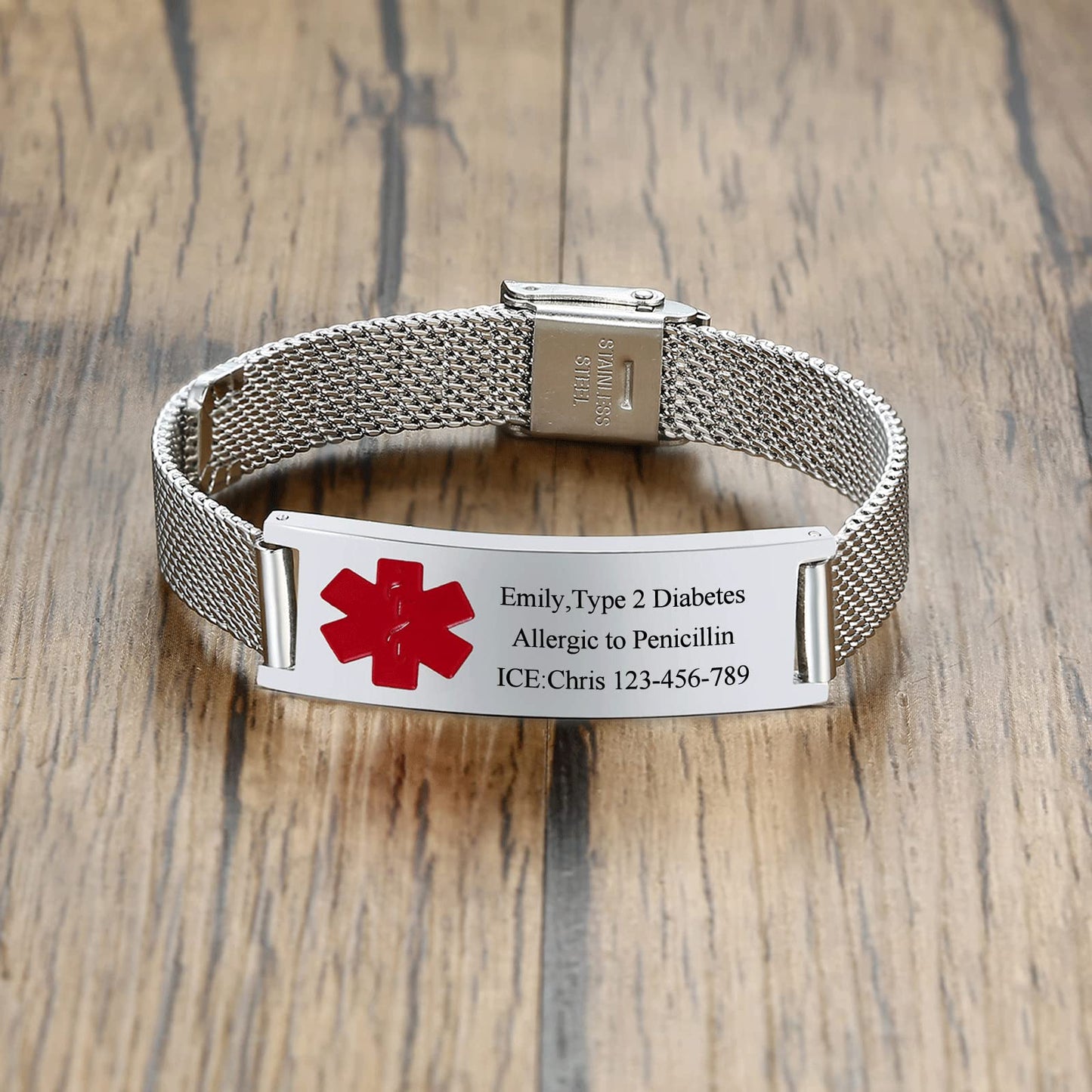 VNOX Medical Alert Bracelets for Men with Free Engraving Adjustable Stainless Steel Mesh Emergency Medical ID Bracelets Wristband,Silver