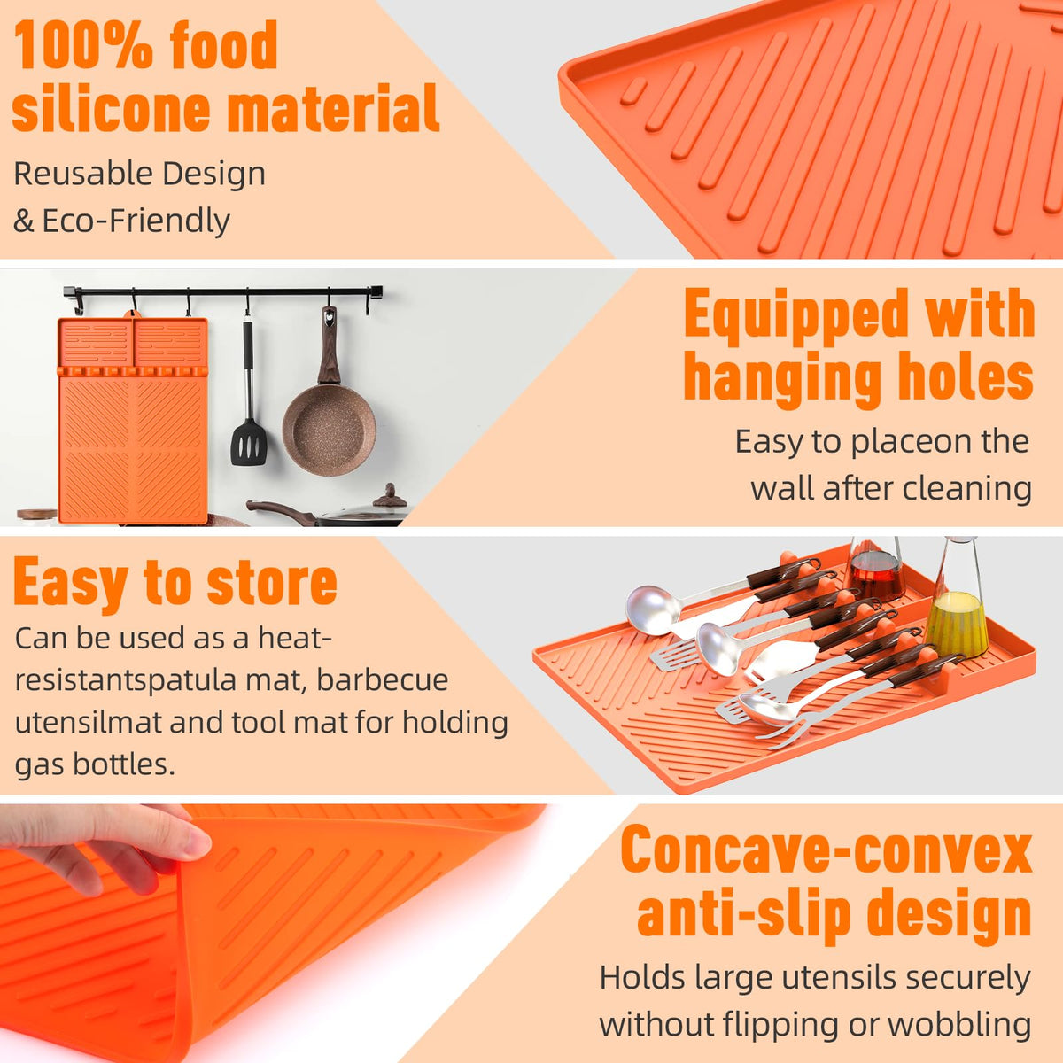 Silicone Grill Mat Compatible with Blackstone, BBQ Griddle Tools Mat with Drip Pad, Spatula Mat for Outdoor Kitchen Counter, Gifts for Men (Orange)