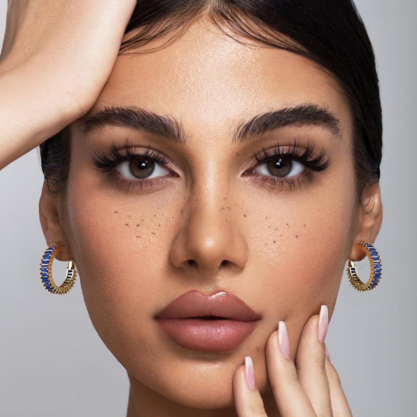 GLOQUAT Gold Blue Sapphire Hoop Earrings 14K Gold Plated Sapphire Earrings for Women Vintage Baguette Cubic Zirconia Hoop Earring Fashion Round Circle Hoops Blue Jewelry for Women 25mm