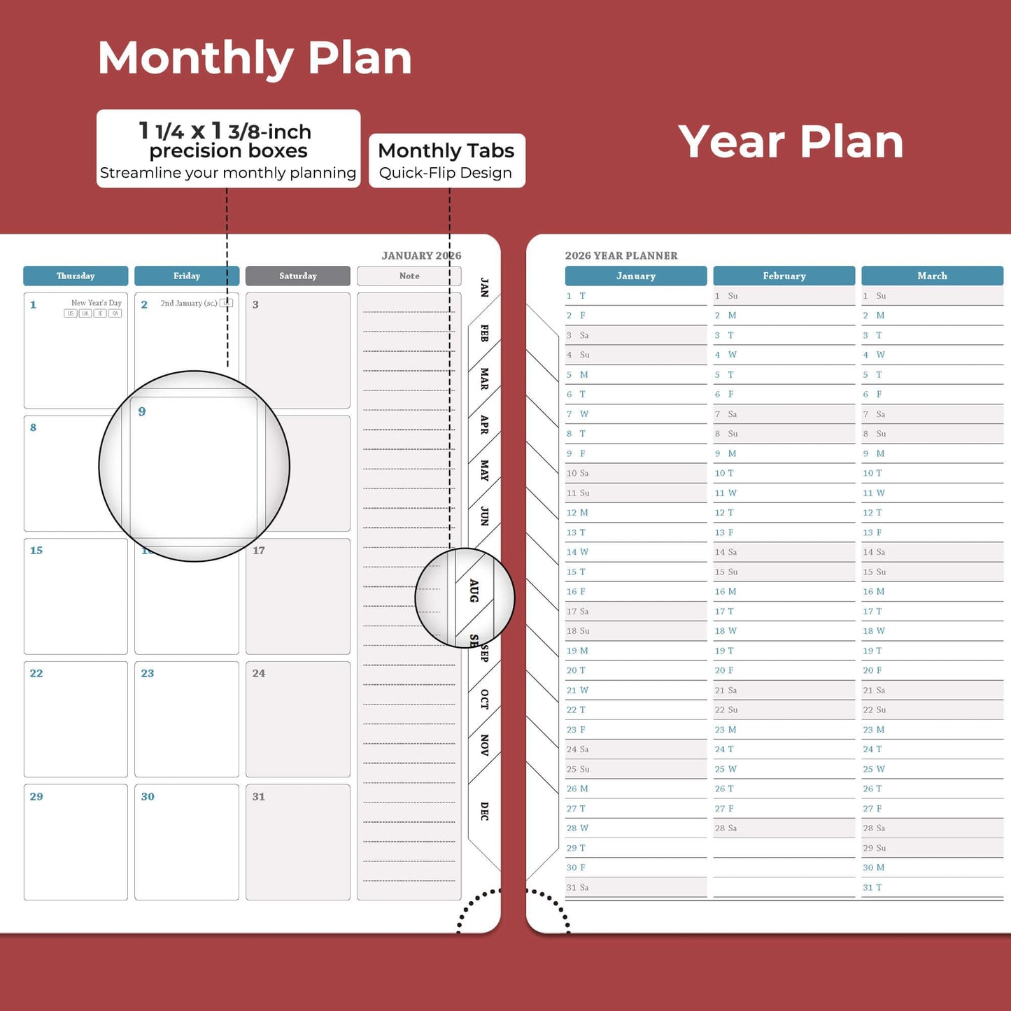 IN-LUXPRO Planner 2026 Daily Weekly and Monthly,11.5"x8.5",12 Months Spiral Bound Calendar Agenda with Self-adhesive Pen Holder,2026 Appointment Book with Vegan Leather Soft Cover,Red