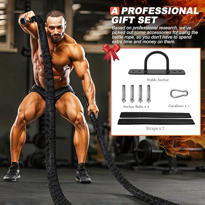 Battle Ropes for Home Gym, Exercise Rope 1.26/1.5inch, 30 40FT Heavy Battle Rope Weighted Battle Rope Training Heavy Rope for Workout Exercise