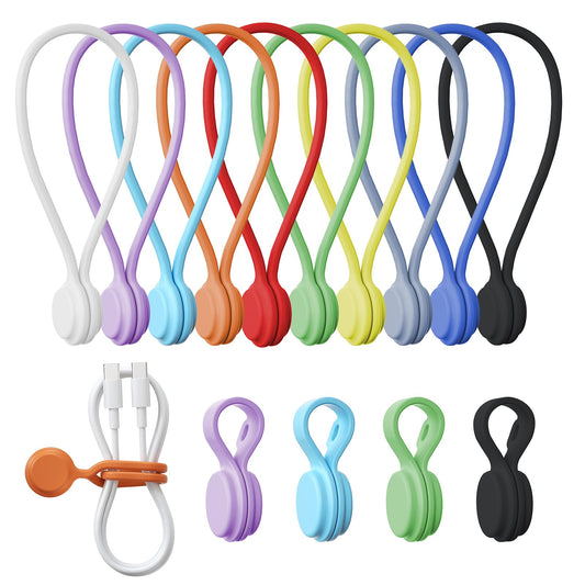 Tounee Reusable Silicone Magnetic Cable Ties - 2 Sizes Combo (4pcs 2.95'' + 10pcs 7.68'') - Multi-Purpose for Cable Bundling, Organizing, Bookmarks & Fridge Magnets - Assorted Colors, 14-Pack
