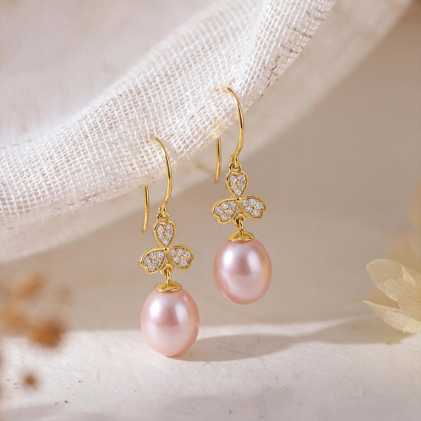 Pearl Drop Earrings for Women, Gold Plated & 925 Sterling Silver, Pink & White Dangle Earrings, Dainty Cute Elegant Bridal Wedding Gift for Her