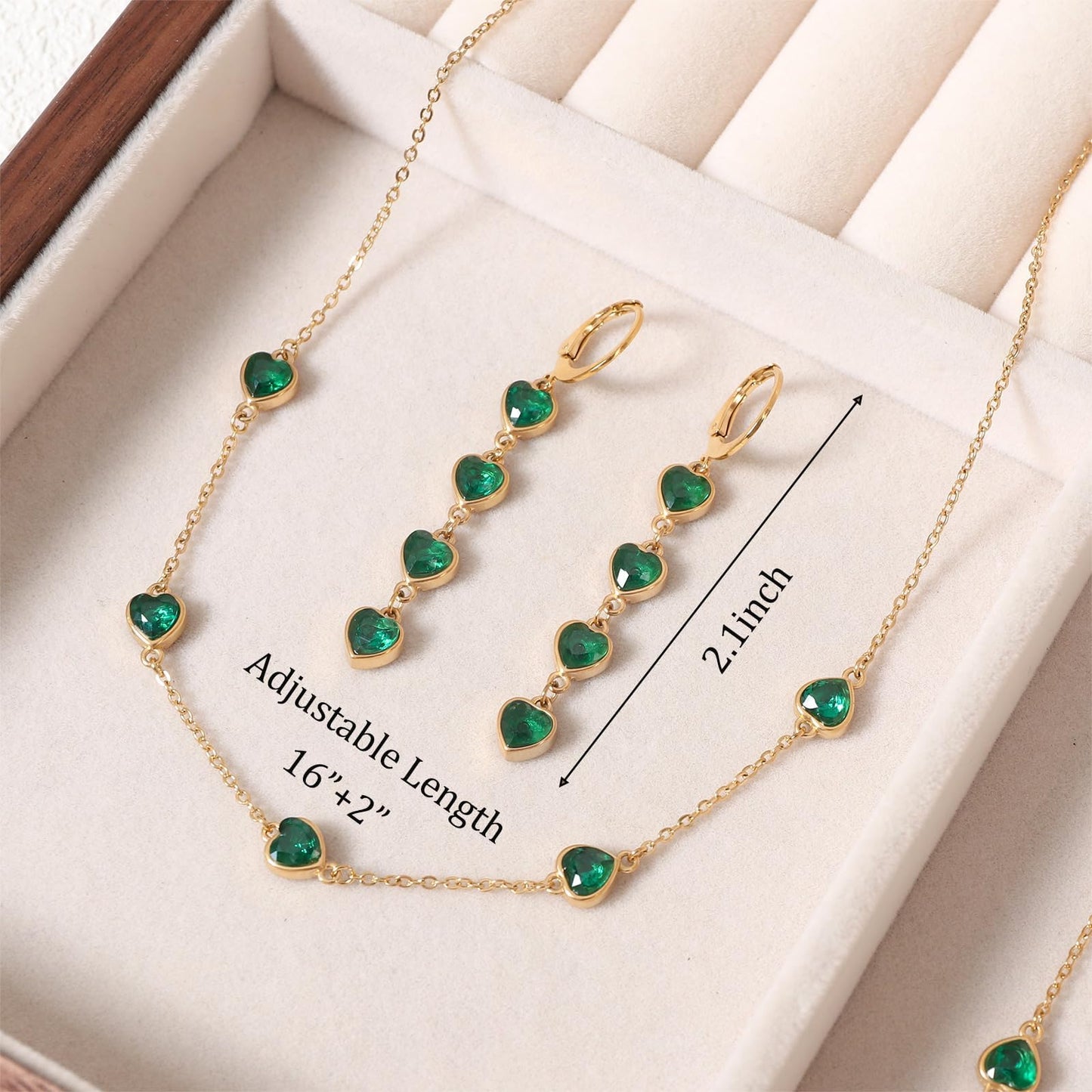 TaYolnFaSo Emerald Heart Jewelry Sets for Women 18k Gold Plated Green Heart Necklace and Earring Set May Birthstone Emerald Jewelry Wedding Prom Birthday Gift for Wife Mother Girlfriend
