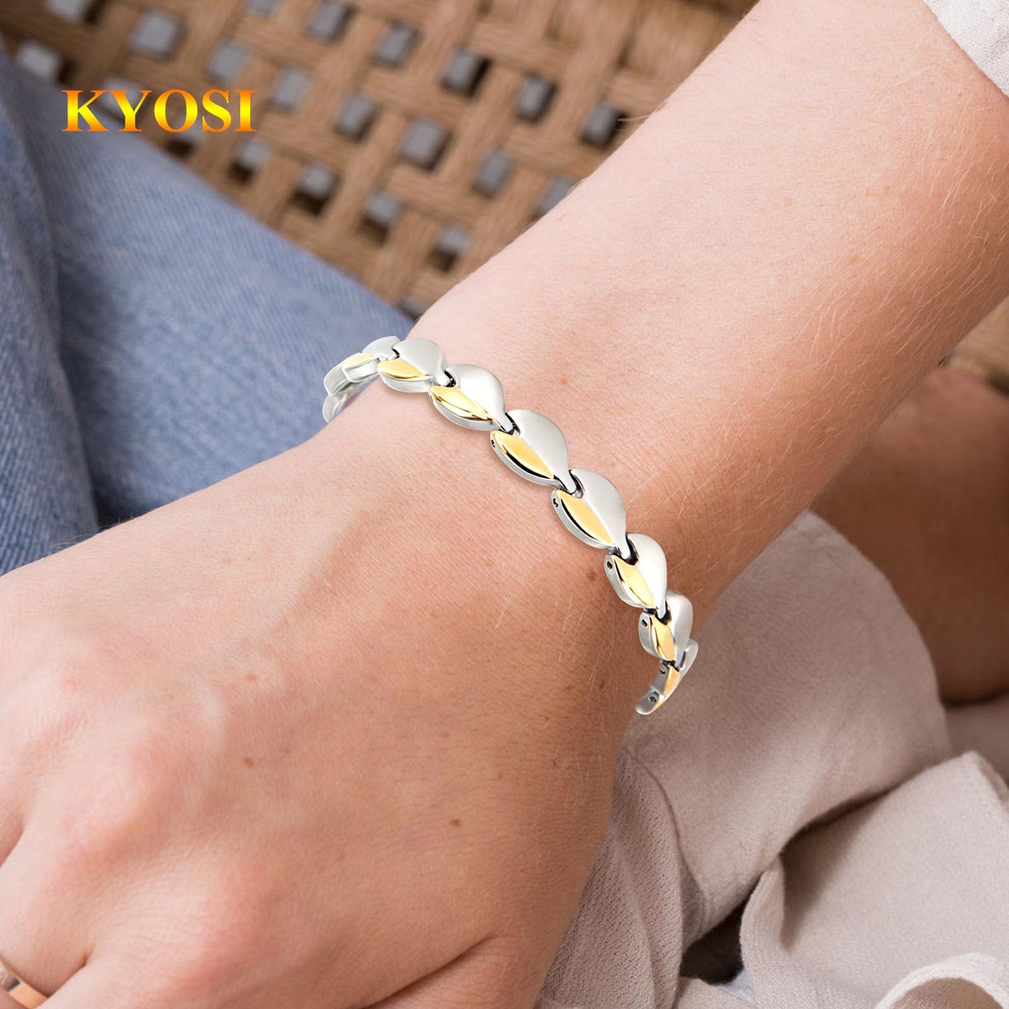 KYOSI Magnetic Bracelets for Women Stainless Steel Womens Magnet Bracelet Leaf Shape Fashion Christmas Gift (Silver&Gold, 7.87 inches)