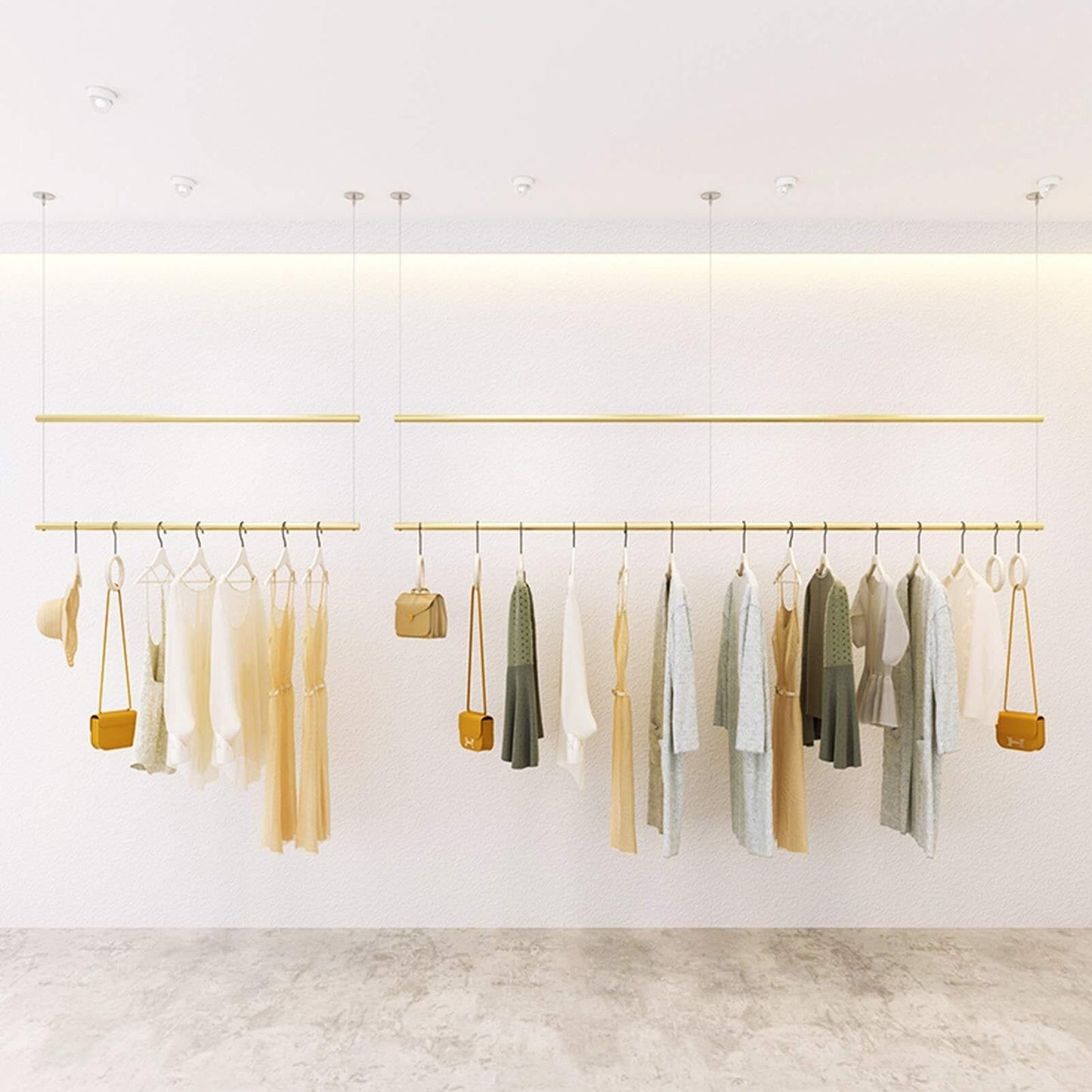 Height-Adjustable Metal Ceiling Clothing Rack, Commercial Display Storage Hanger, Retail Iron Garment Rack with Steel Wire, Ideal for Stores and Home Use(Gold,100Cm)