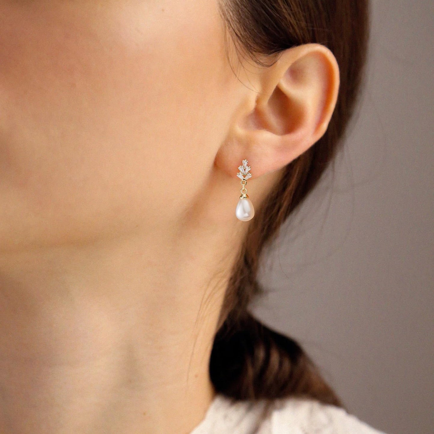 PRTGL Pearl Earrings: 14k Gold-plated Cubic Zirconia Accented Pearl Drop Wedding Engagement Earrings For Women Bridal Bridesmaid (Wheat Designed)