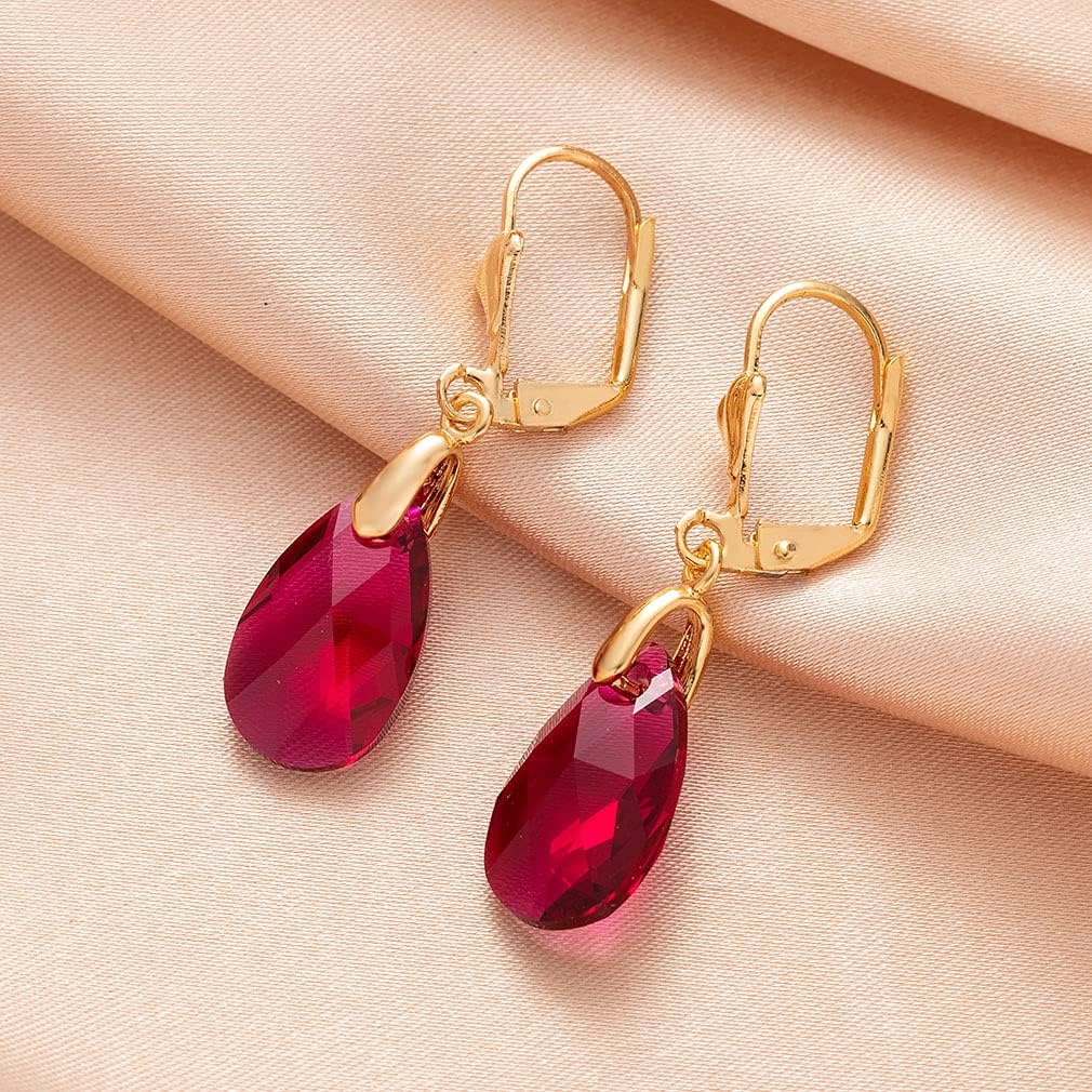 Austrian Crystal Teardrop Leverback Dangle Earrings for Women Fashion 14K Gold Plated Hypoallergenic Jewelry (Fuchsia)
