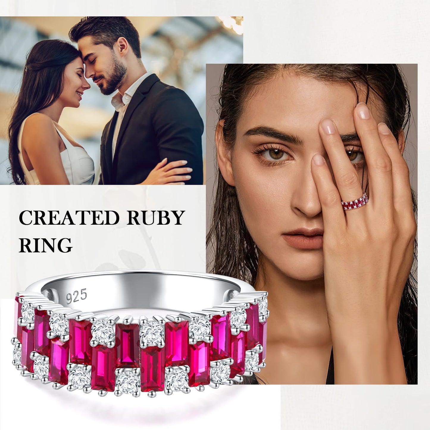 RANDES Cubic Zirconia Wedding Bands 925 Sterling Silver Ruby Rings for Women Emerald Cut Eternity Band Engagement Anniversary Ring Size 7