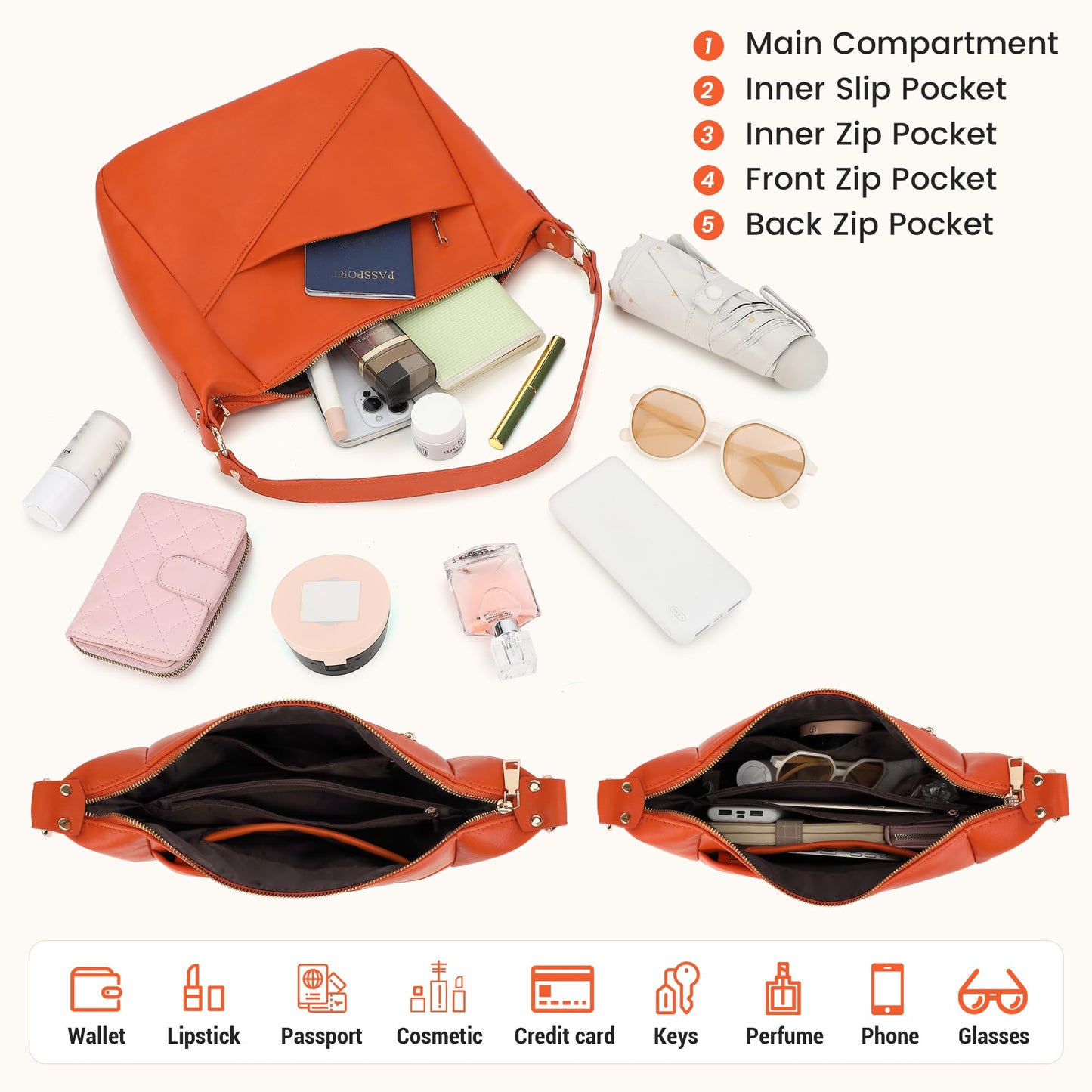 KOGTLA Crossbody Purses for Women with Adjustable Strap, Ladies Medium Vegan Leather Shoulder Bags, Hobo Handbags Sunny Orange