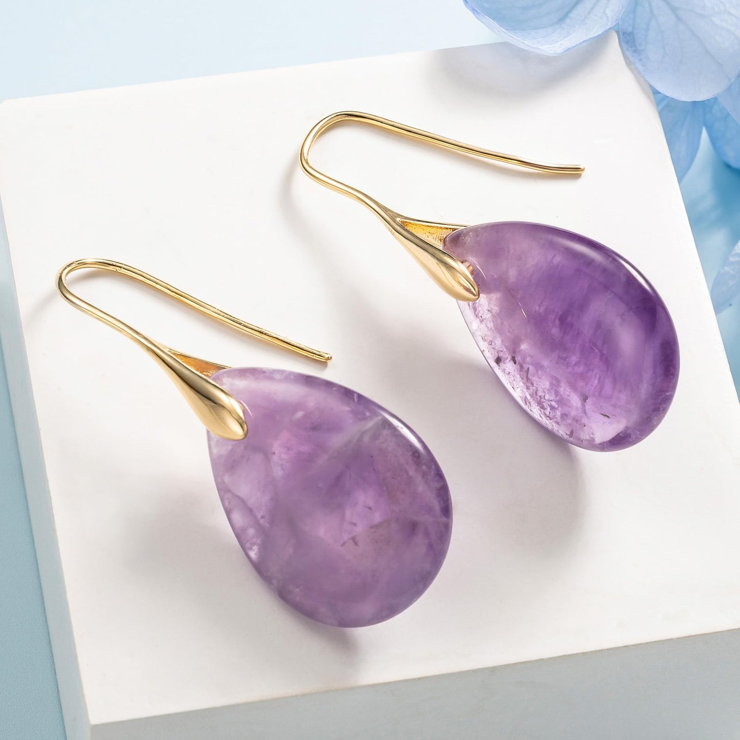 SELOVO Purple Teardrop Agate Stone Fishhook Red Stone Dangle Drop Earrings Gold Tone