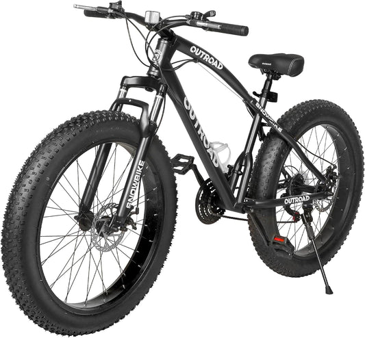 Outroad Mountain Bike Fat Tire with 4-Inch Tire 26 inch Wheels, 21 Speed with High Carbon Steel Frame, Double Disc Brake and Front Suspension Anti-Slip Bikes for Men and Women, Black