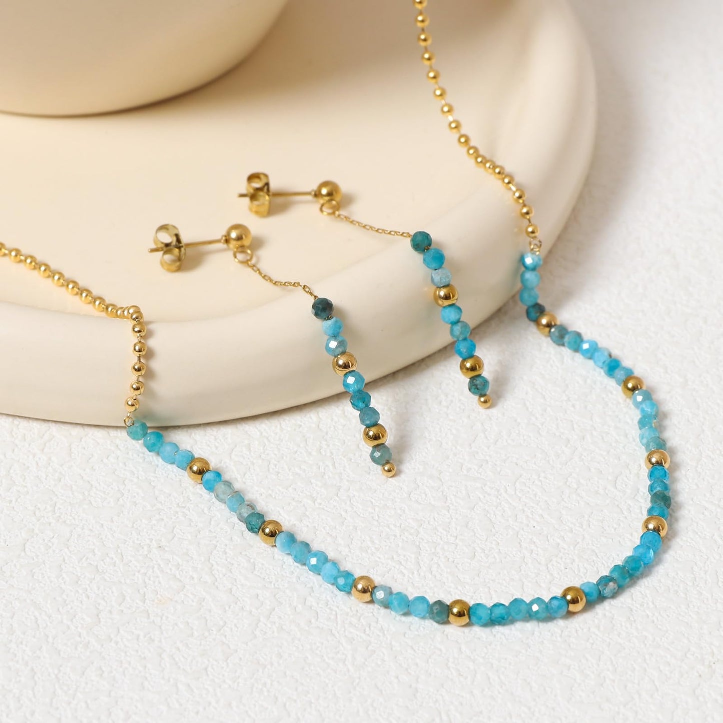 TaYolnFaSo Round Apatite Beads Jewelry Set for Women 18K Gold Plated Blue Apatite Necklace and Earrings Set Gift for Wife
