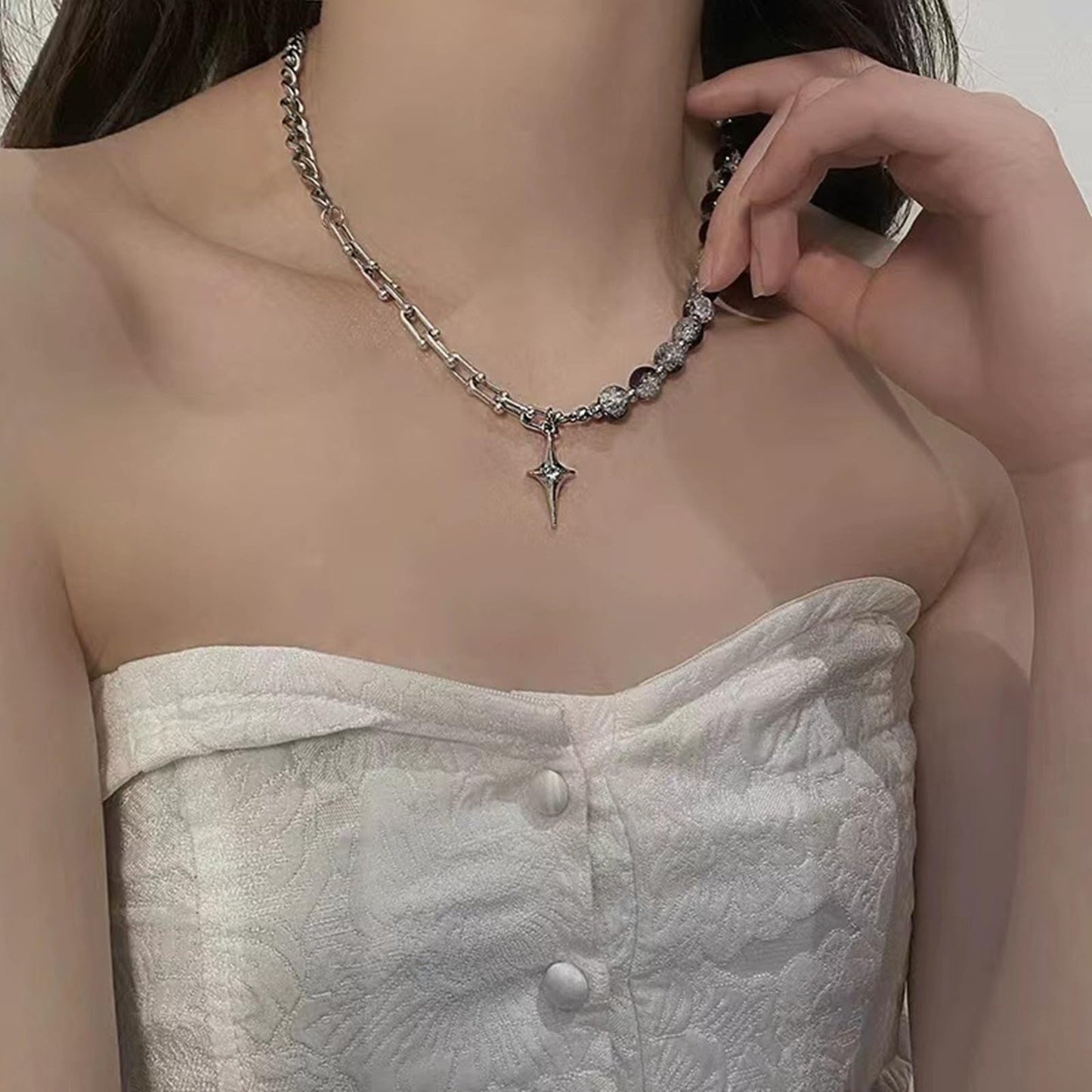 Buyongwant Y2k Irregular Necklace for Women Fashion Cracked Beads Star Pendant Spliced Titanium Steel Chain Ladies Men's