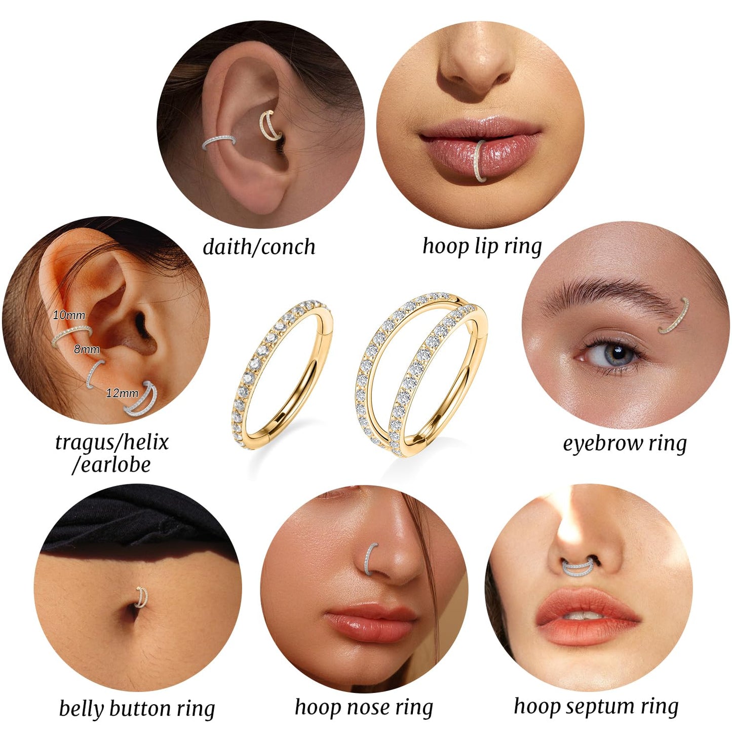 Nose Hoop Gold Double Hoop Septum Ring with CZ Septum Jewelry Surgical Steel Conch Piercing Jewelry Nose Earrings 16g Septum Clicker Lip Rings Helix Earring 12mm Conch Piercing Cartilage Earring