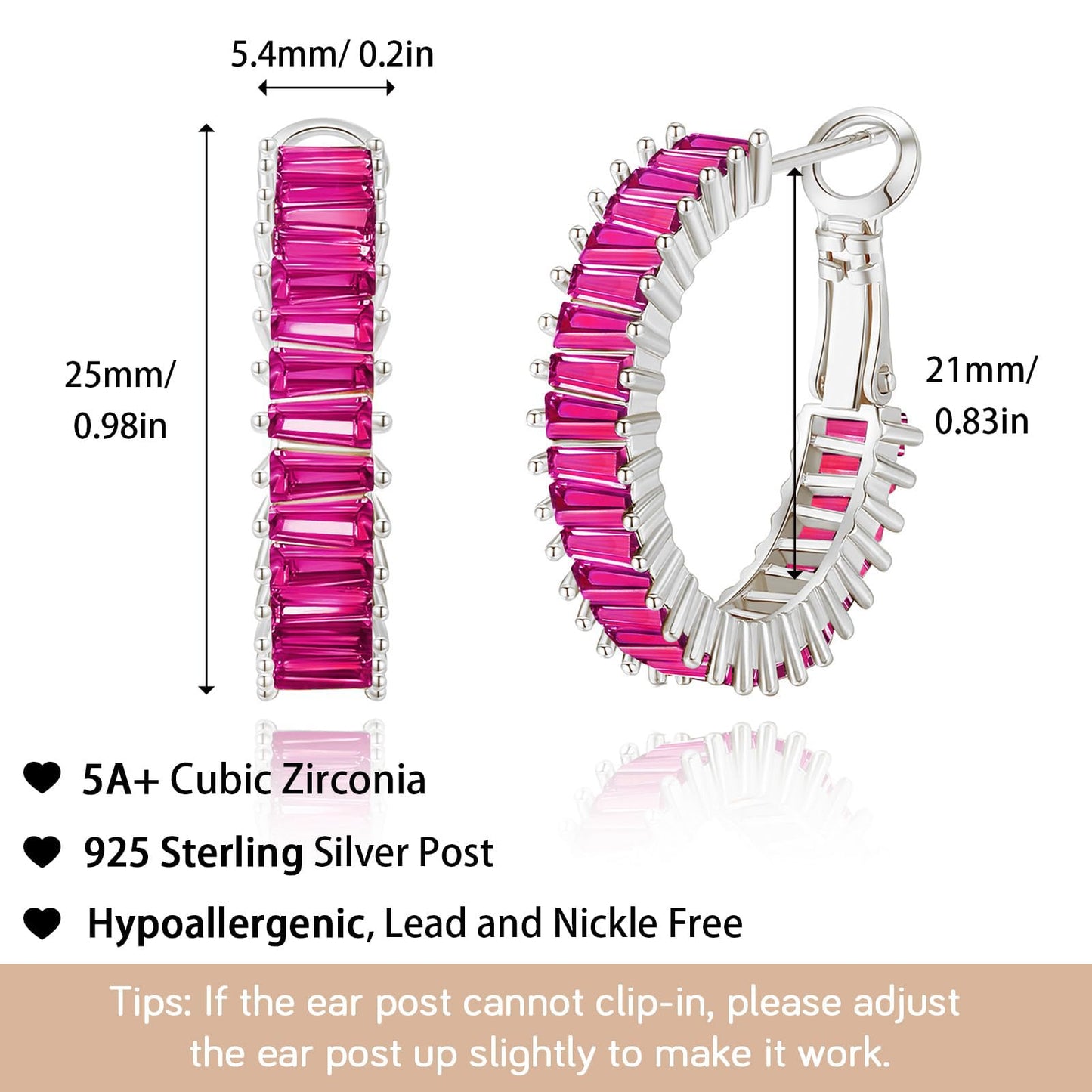 GLOQUAT Hot Pink Earrings for Women Fuchsia Earring Silver Plated Cubic Zirconia Hoops Fashion Baguette Hoop Earring Womens Stacks Hoop Women Rose Pink Rhinestone Hypoallergenic Jewelry Gift