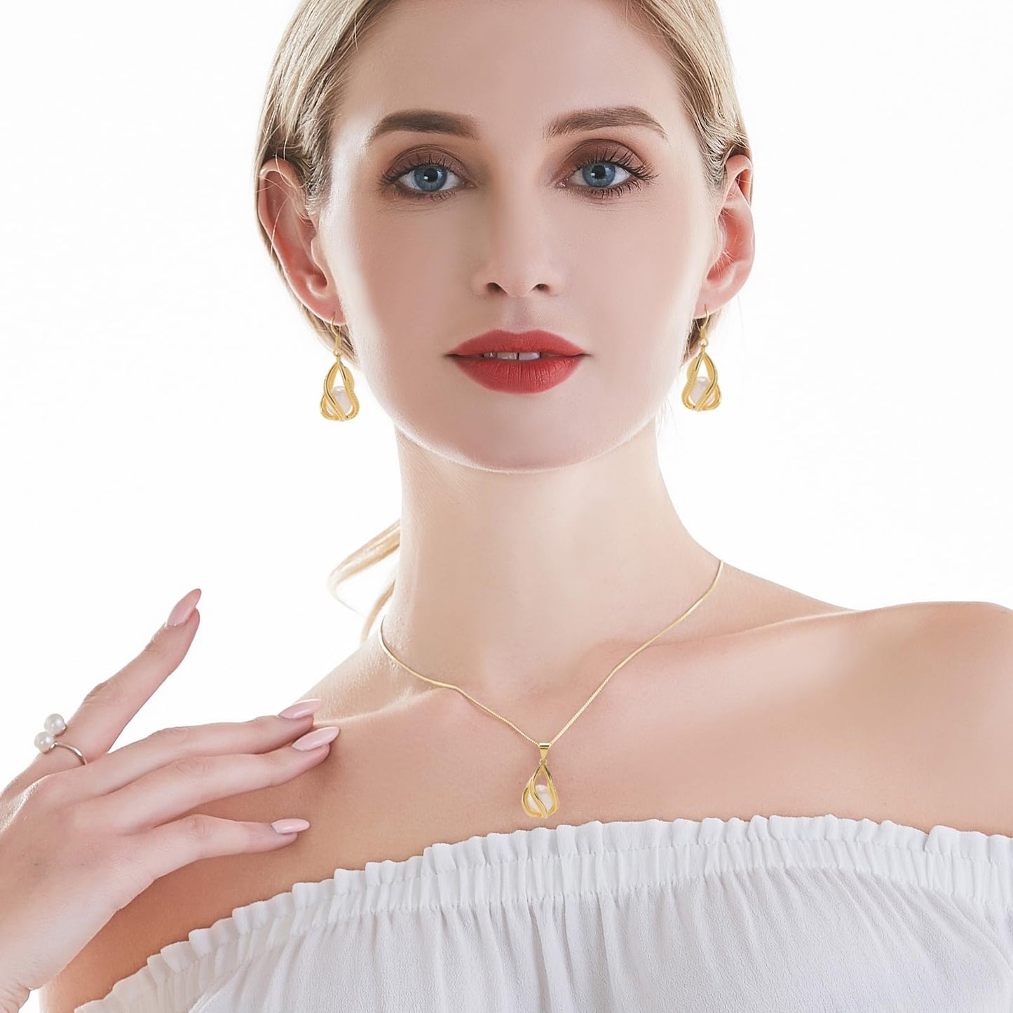 HENGSHENG Pearl Jewelry Set For Women 14K Gold Plated Necklace & Earrings Set Freshwater Pearl Pendant Cage Set for Wedding Anniversary Prom Birthday Gift - Golden White