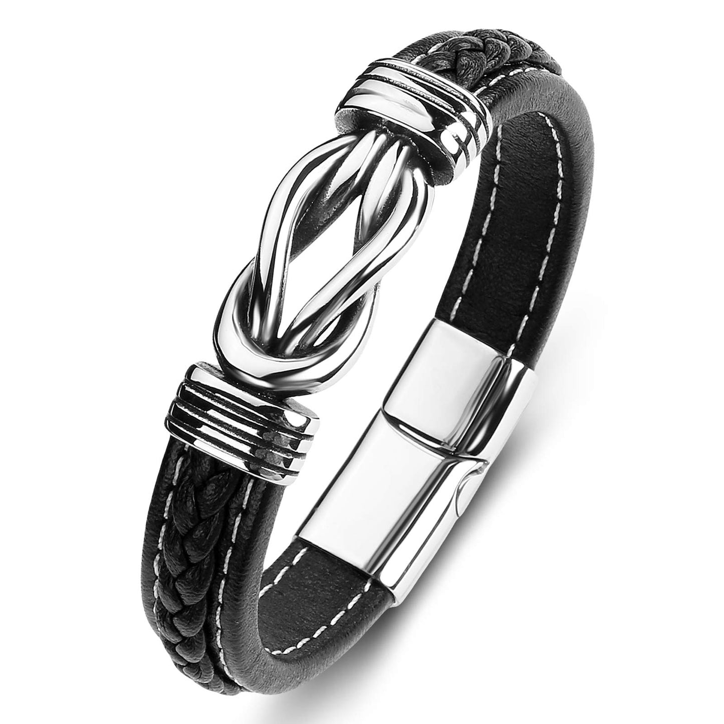 LJWVX Mens Leather Bracelet,Braided Leather Wristband Cuff Bracelets Stainless Steel Clasp,Jewellery Gift for Men Black 8.0inch