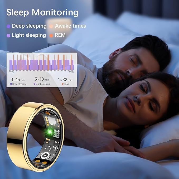 Smart Health Ring for Women Men, Fitness Tracker Ring with Heart Rate, Blood Oxygen, Sleep Tracker, Step Tracker, No Subscription Fee, IP68 Waterproof Smart Ring for iPhone & Android (Gold, 13#)