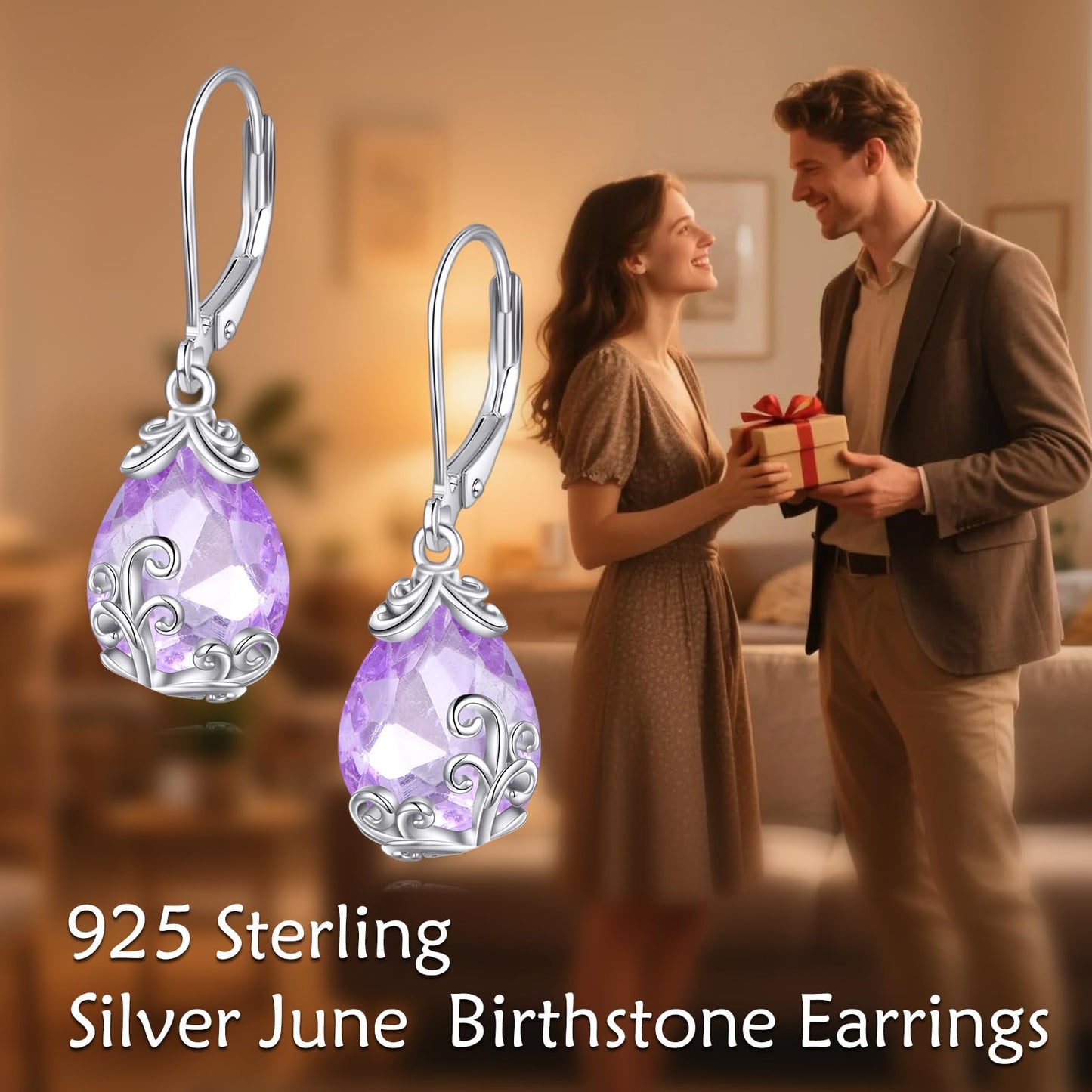 POPLYKE BirthStone Filigree Teardrop Drop Dangle Earrings Sterling Silver Alexandrite Leverback Earrings June Birthstone Jewelry Gifts for Women