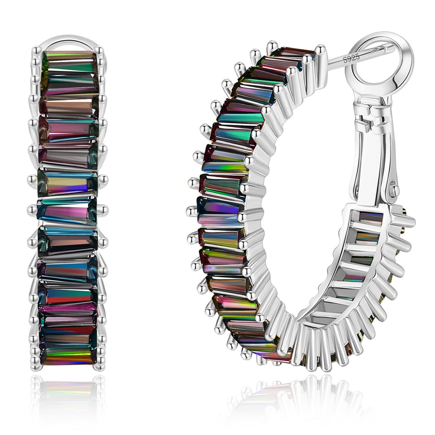 GLOQUAT Mystic Rainbow Quartz Earrings White Gold Plated Mystic Topaz Crystal Hoops for Women S925 Silver Post Vintage Baguette Cubic Zirconia Round Circle Hoops Trendy Rhinestone Jewelry 25mm