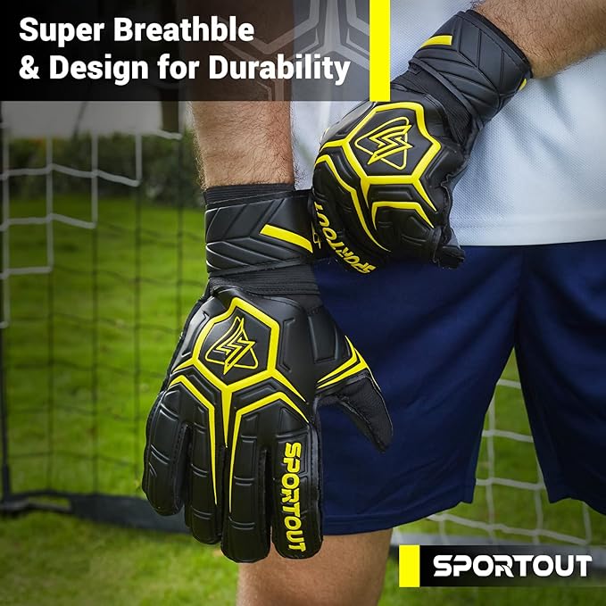 Sportout Goalie Gloves, Goalkeeper Gloves with Finger Protection, Breathable Soccer Goalie Gloves, 4mm Latex, for Kids Youth and Adult