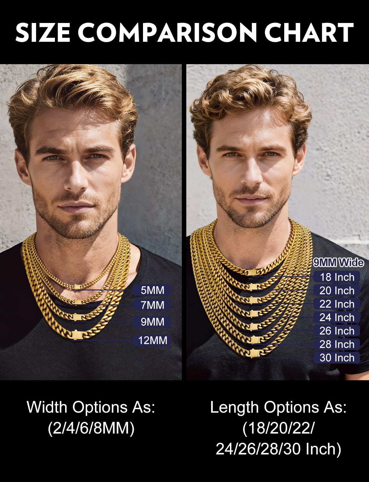 Bandmax Mens Stainless Steel Chain Necklaces 30 Inch 14K Gold Plated Big Chunky Heavy Metal Cuban Chain 9MM Wide Rapper Biker Miami Link Chain Old School Jewelry