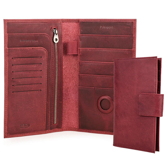 CONTACTS Full Grain Leather RFID Blocking Family Passport Holder for 4 Passport Wallet Compatible with Airtag Travel Passport Cover with 4 Passport Slot, 6 Card Slot (Red)
