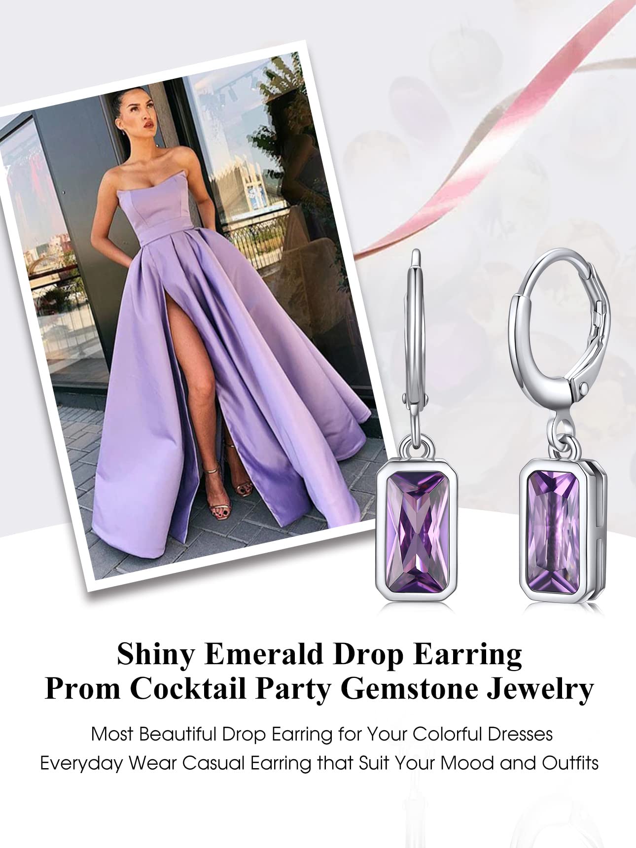 Bestyle Created Alexandrite Purple Drop Birthstone Earrings for Women - Baguette Earrings Small Silver Dangle Hoop Earrings for Women - Dainty Cute Earrings for Birthday Wedding Party