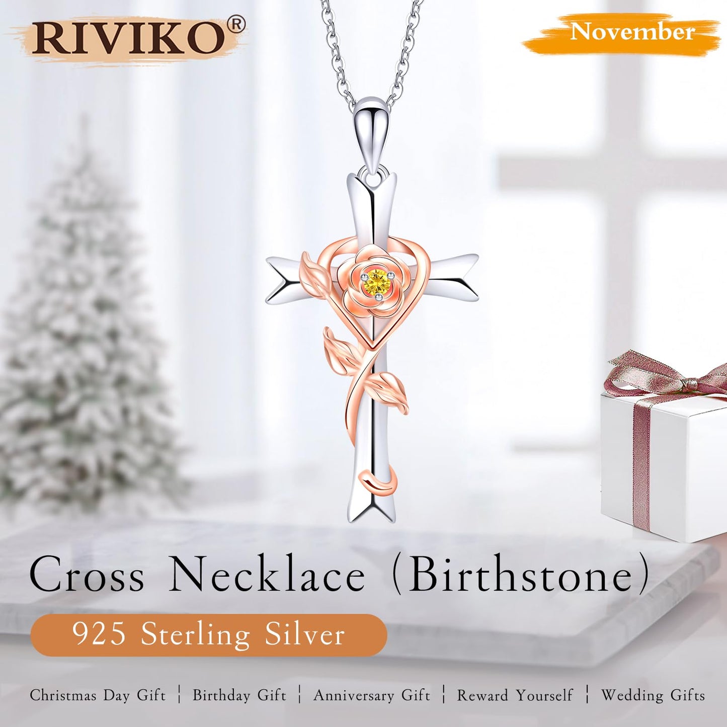 RIVIKO Mothers Day Gifts for Wife-925 Sterling Silver Cross November Birthstone Necklace for Women Cross Rose Pendant Necklaces Anniversary Jewelry Birthday Gift for Women Her Wife