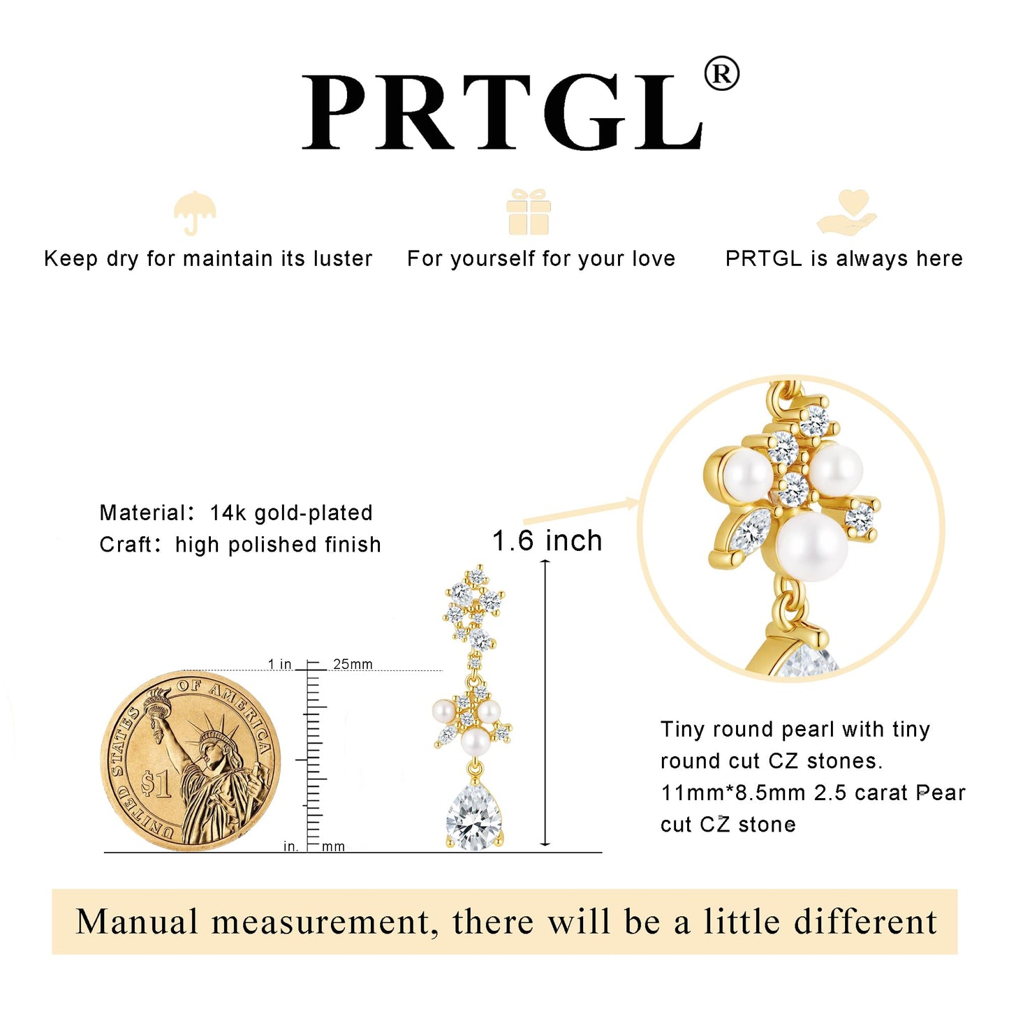 PRTGL Pearl Earrings - 14 Gold Plated Cubic Zirconia Accented Pearl Drop Earrings for Women Dangle Wedding Bridal Teardrop Design