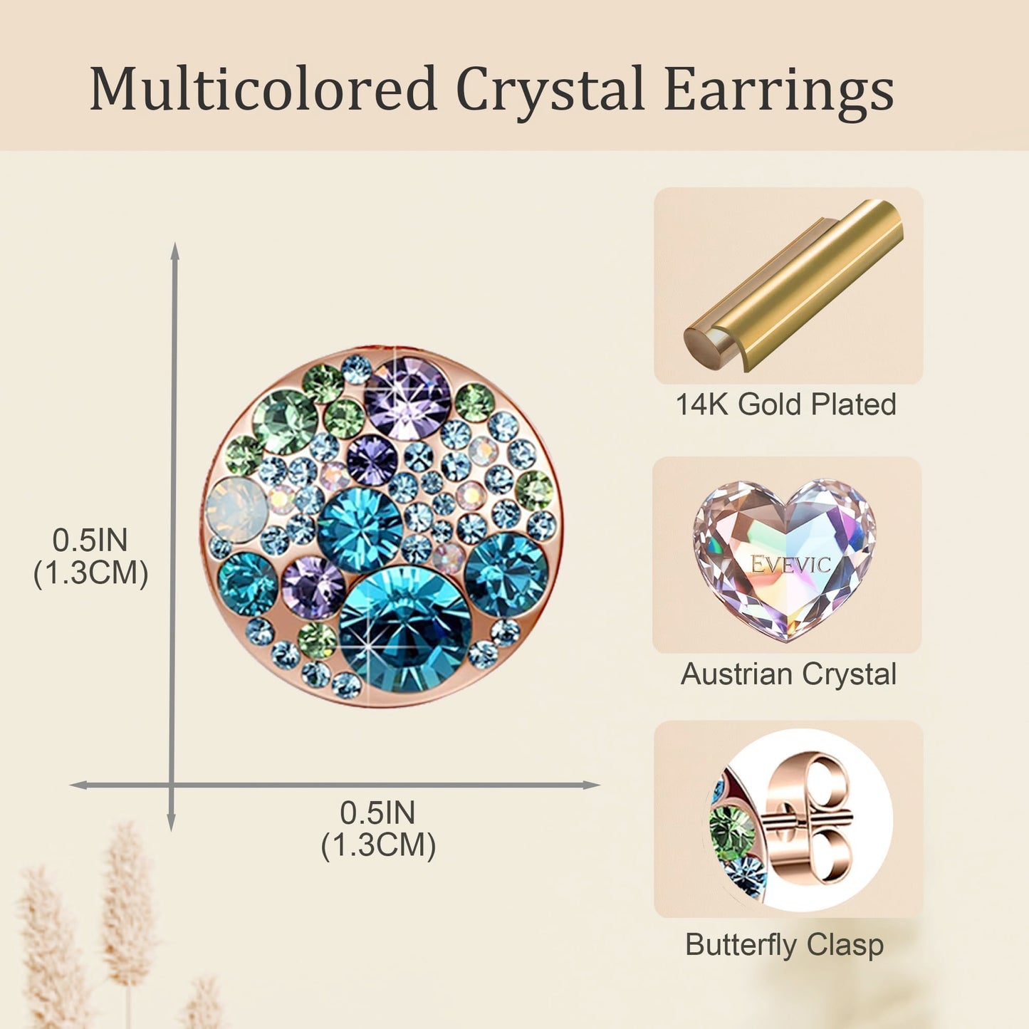 Multicolored Austrian Crystal Rhinestone Stud Earrings for Women Fashion S925 Sterling Silver Hypoallergenic Jewelry (Blue Green Crystals/Rose Gold-tone)