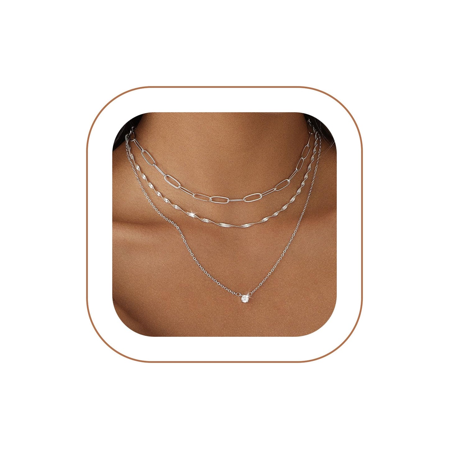 Hothrty Layered Gold/Silver Necklaces for Women 14K Gold Plated CZ Pendant Paperclip Choker Necklace Set Diamond Necklace Stack Trendy Simple Jewelry Gifts