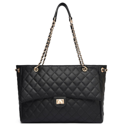 Eslcorri Quilted Satchel Tote Bag for Women, Elegant Leather Shoulder Handbag with Chain Strap and Twist-Lock, Classic Designer Crossbody Purse for Work, Travel, Dating & Evening Out, Black