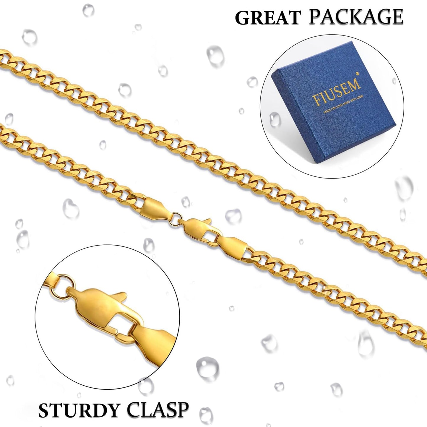 Fiusem 3.5mm Gold Chains for Men, 18K Gold Plated Mens Necklace Chains, Stainless Steel Cuban Link Chain Necklace for Men and Women, Mens Chains 24 Inch
