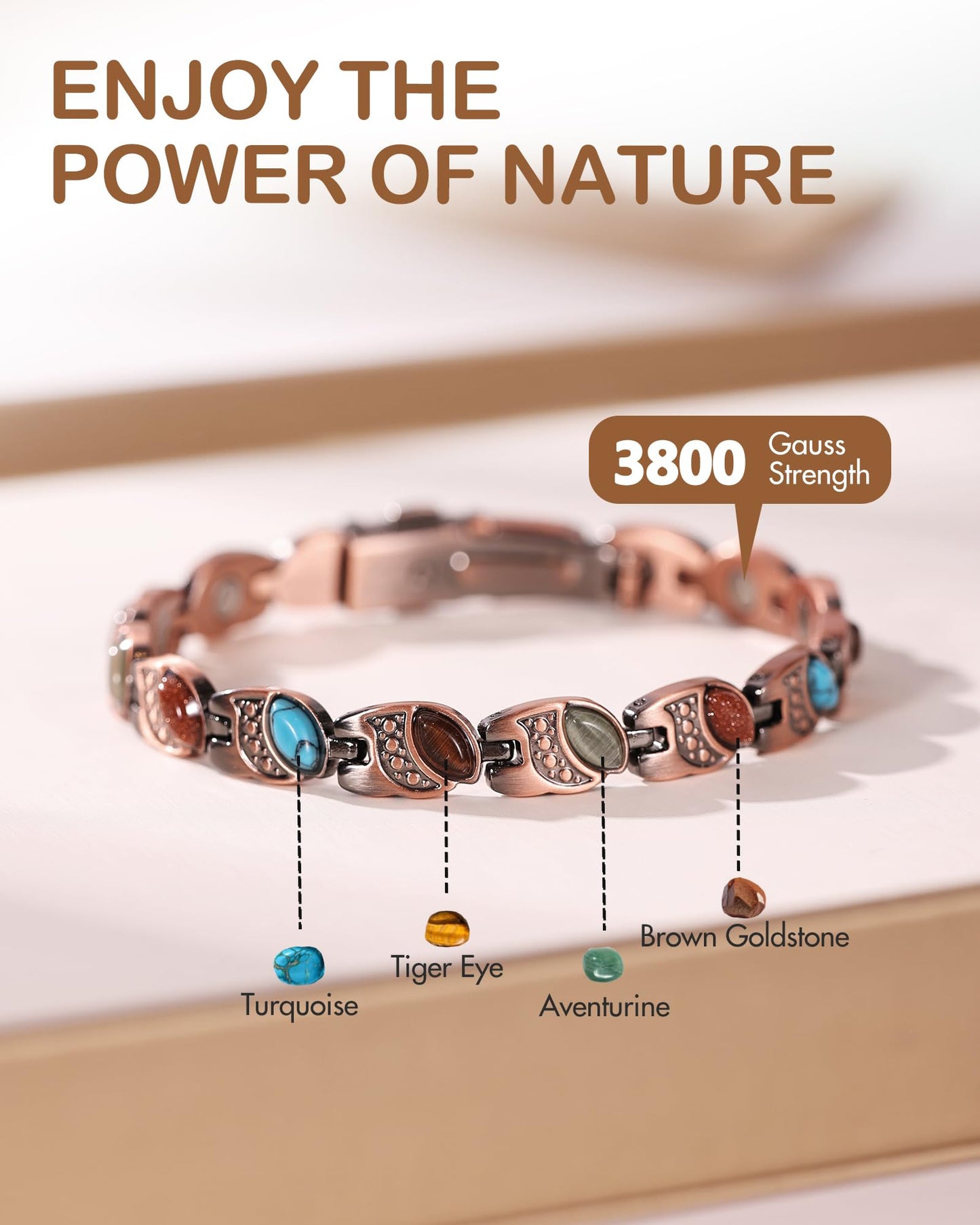 Feraco Pure Copper Bracelets for Women, Ultra Strength Magnetic Copper Bracelet with 3800 Gauss Magnets, Natural Turquoise & Stones, Adjustable, Jewelry Gift, Soul Vision