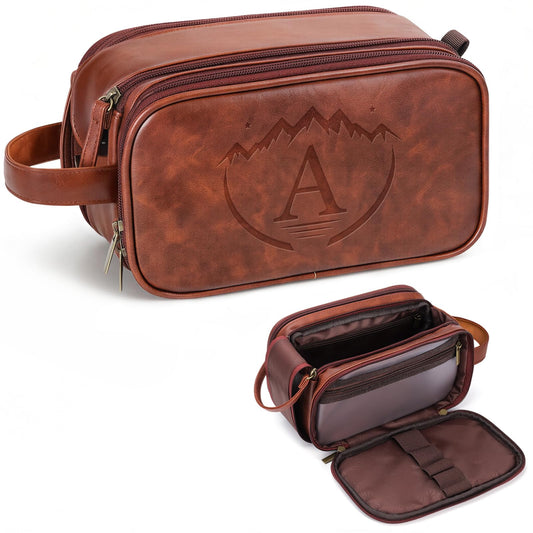 Ecttunafe Personalized Fathers Day Presents Travel Toiletry Bag for Men, Engraved Initial PU Leather Waterproof Shaving Bag, Best Dad Birthday Gift Ideas for Dad Father New Dad Papa Elderly,A