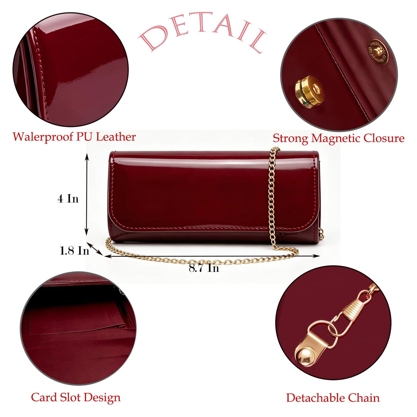 BYWAUQI Patent Leather Clutch Purses for Women Envelope Evening Bag with Detachable Chain for Formal Wedding Cocktail Party Prom Burgundy