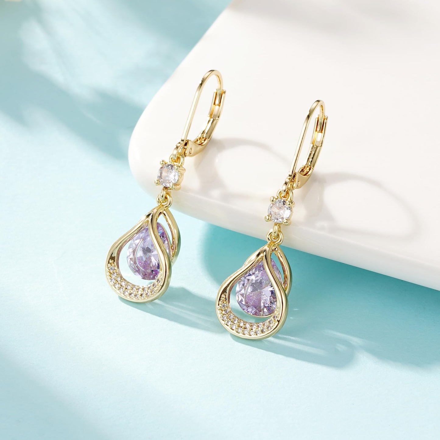 Dangle Trendy Leverback Birthstone Earrings 14K Gold Plated Teardrop Dangle Earrings Jewelry Christmas Birthday Gifts for Women(Gold June)