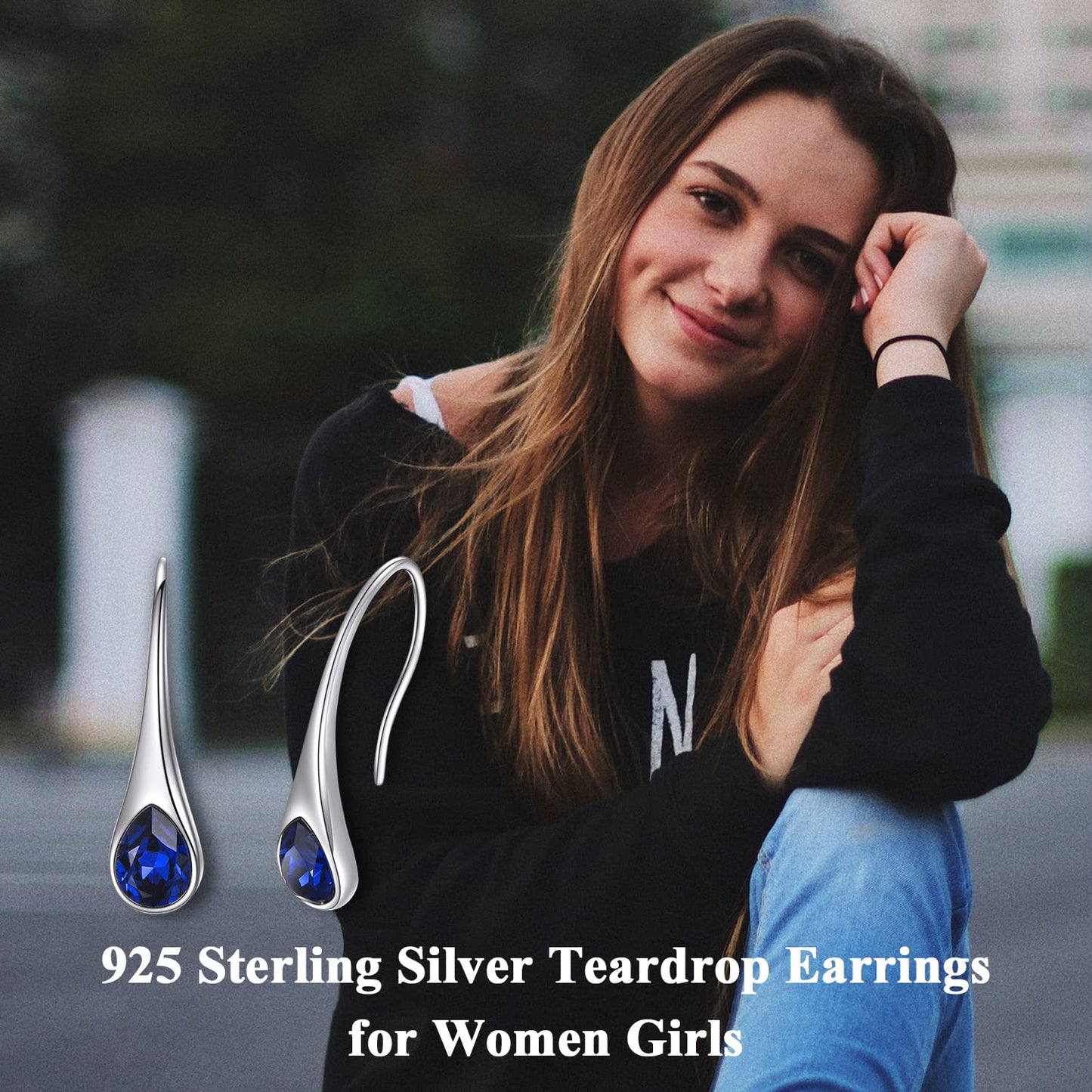 925 Sterling Silver Small Pear-Shaped Hook Earrings with Simulated Sapphire Birthstone Crystals from Austria, September Birthstone Jewelry Gifts for Women Wife Mom