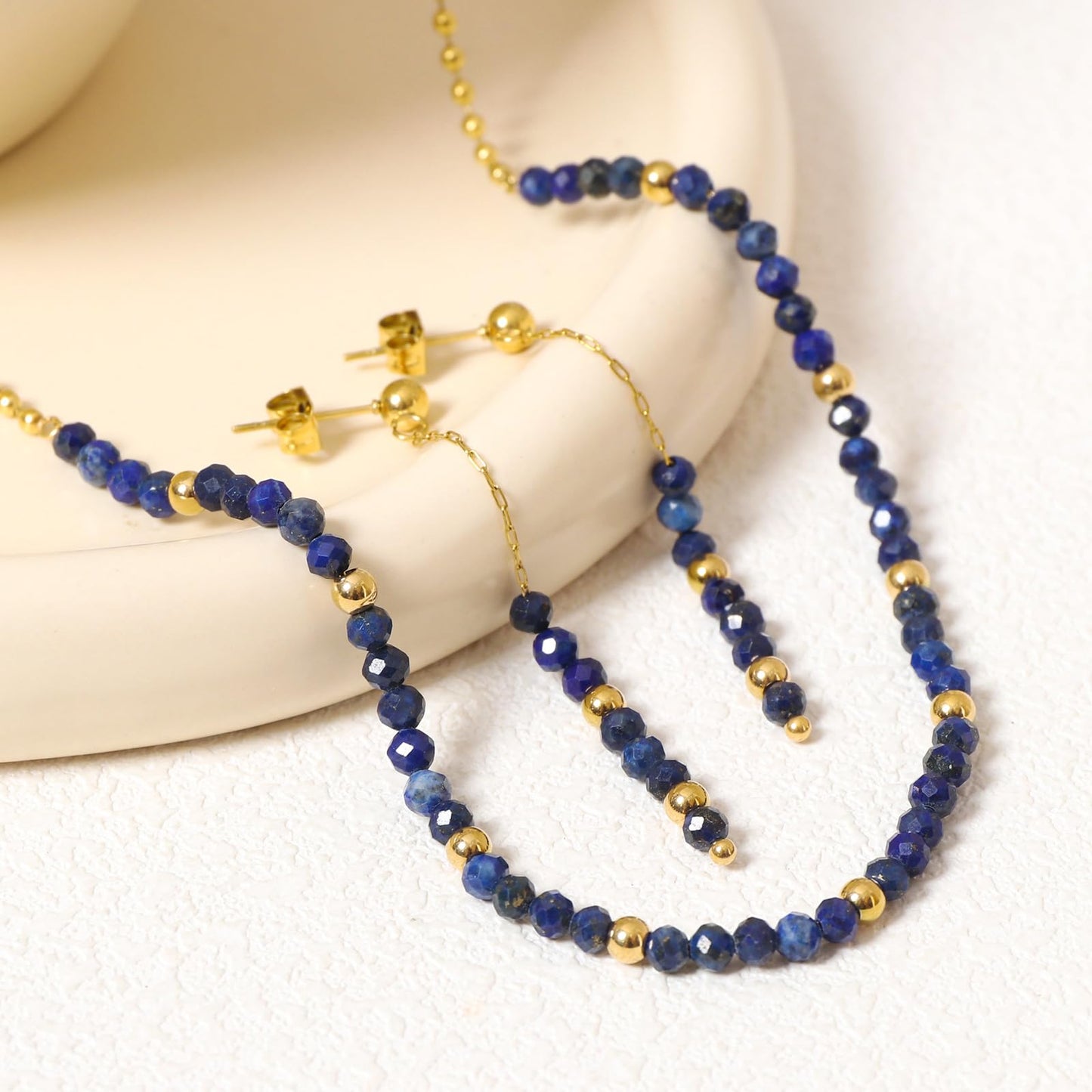 TaYolnFaSo Round Lapis Lazuli Beads Jewelry Set for Women 18K Gold Plated Lapis Lazuli Necklace and Earrings Set Gift for Mother