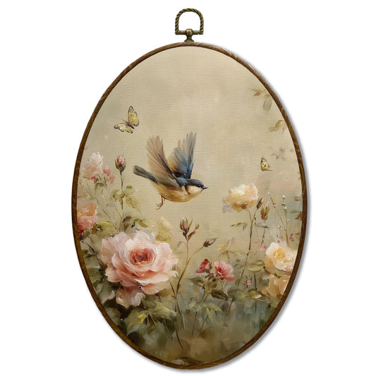 JQF Vintage Floral Bird Oval Wall Art, Rustic Cottagecore Rose Floral Sparrow Oval Canvas Wall Art, Retro Flower Bird Framed Prints Hanging Decor for Home Bedroom Living Room, 8.5x11.5 Inch