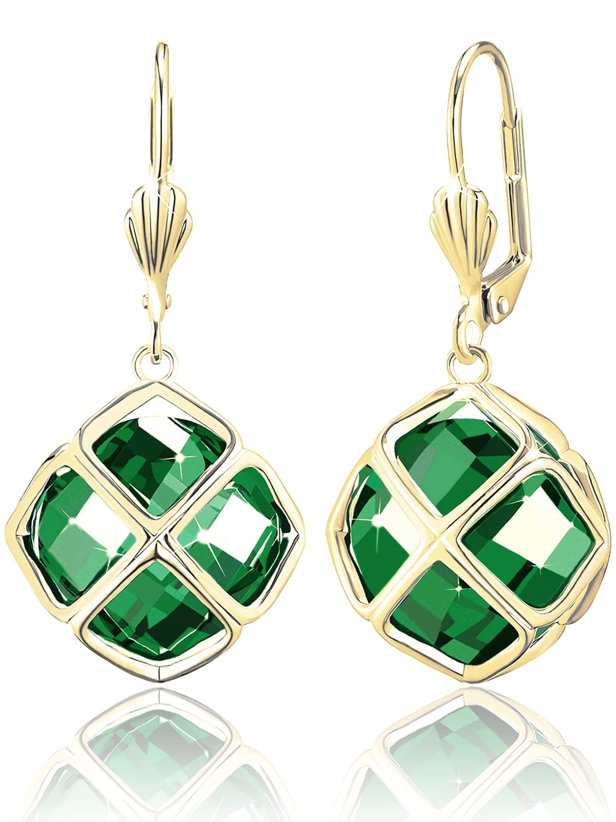 Big Dark Green Crystal Dangle Earrings for Women (May-Emerald-14K Gold)