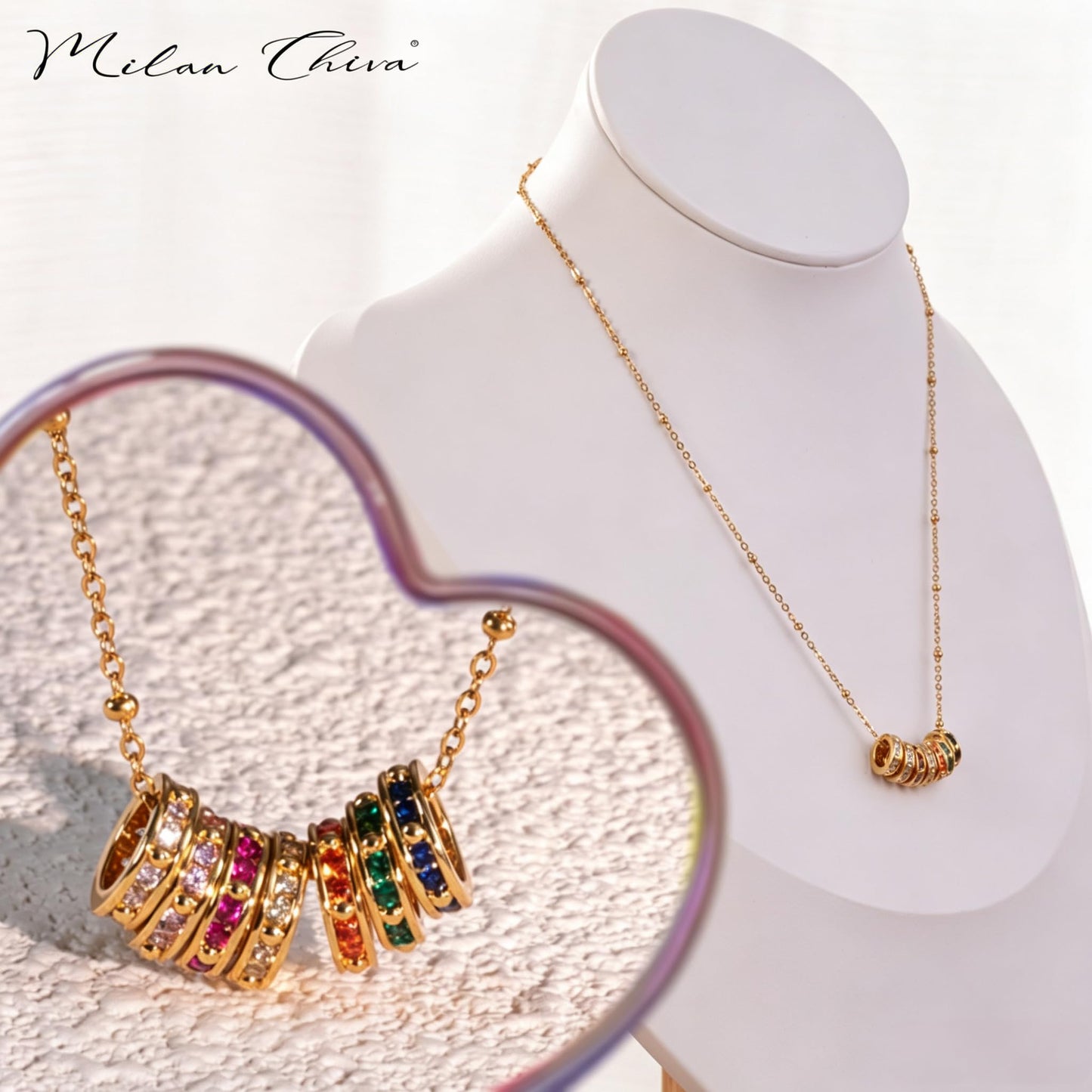 Milan Chiva Womens Circle Pendant Gold Necklace 14K Dainty Charm Rainbow Ring Chain Jewelry MNS-1029GD