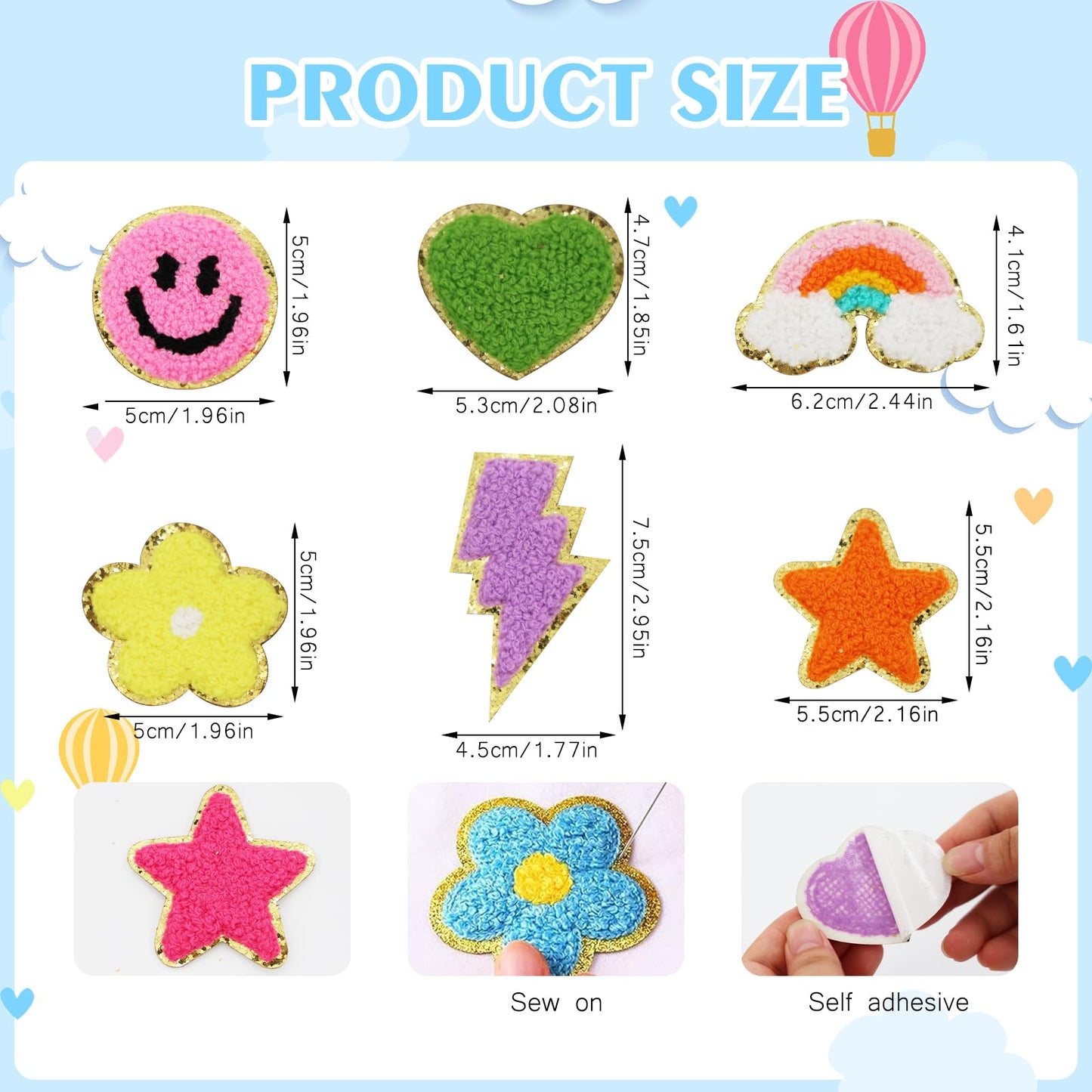 60 Pcs Self Adhesive Chenille Patches, Cute Stick on Colorful Heart Lightning Rainbow Sticker Patches for Clothing Fabric Backpacks Hat
