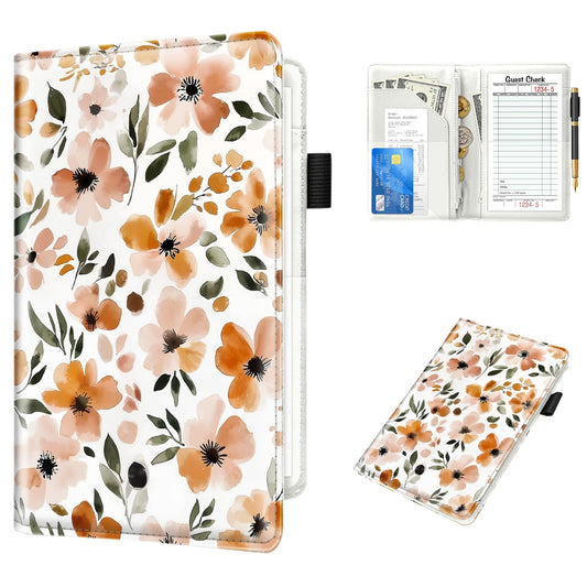 WAVEYU Cute Server Books for Waitress Waiter, Leather Guest Book Note Pad with Zipper, Money Organizer Wallet, Cash Check Bill Receipt Holder Presenter, 8x5 inch, Floral Pattern