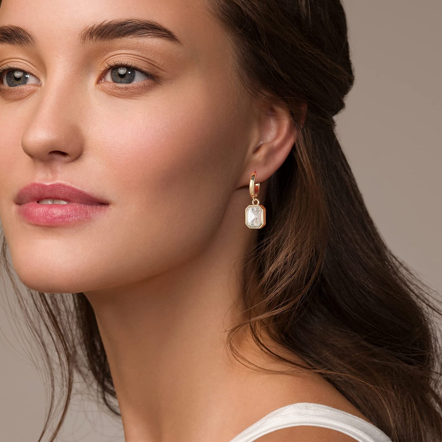 Birthstone Crystal Dangle Drop Earrings, 18K Gold Plated Huggie Hoop Hypoallergenic Earring Jewelry Gifts for Women (White)
