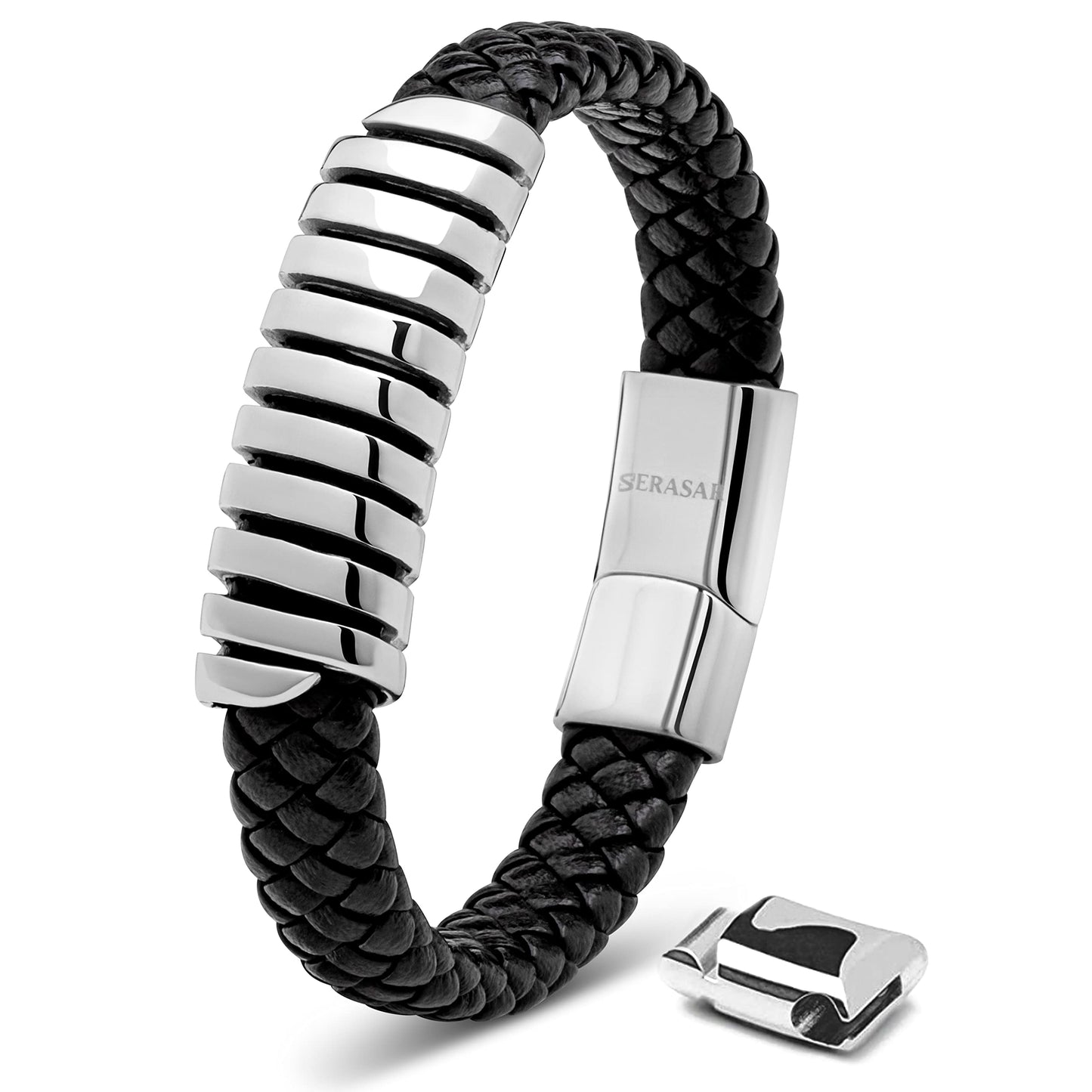 SERASAR Pulsera de cuero plateado 20cm para hombre idea regalo, genuino, caja cierre magnetico ajustable