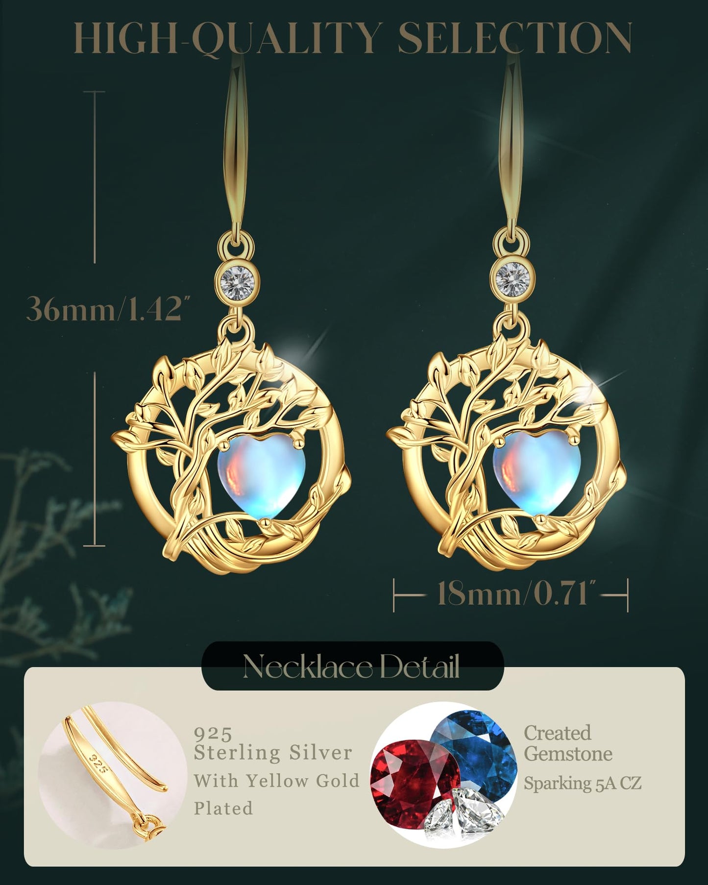 FANCIME Tree of Life Earrings 925 Sterling Silver Yellow Gold Plated Moonstone Dangle Drop Gemstone Earring June Birthstone Fine Jewelry Birthday Mothers Day Gifts Gifts for Wife Her Women