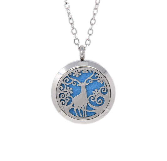Aromatherapy Essential Oil Diffuser Stainless Steel Silver Magnetic Locket Pendant 2 Sizes Chain Necklace, Refill Pads & Diffuser Bracelet in a Velvet Bag (Standing Winter Deer)